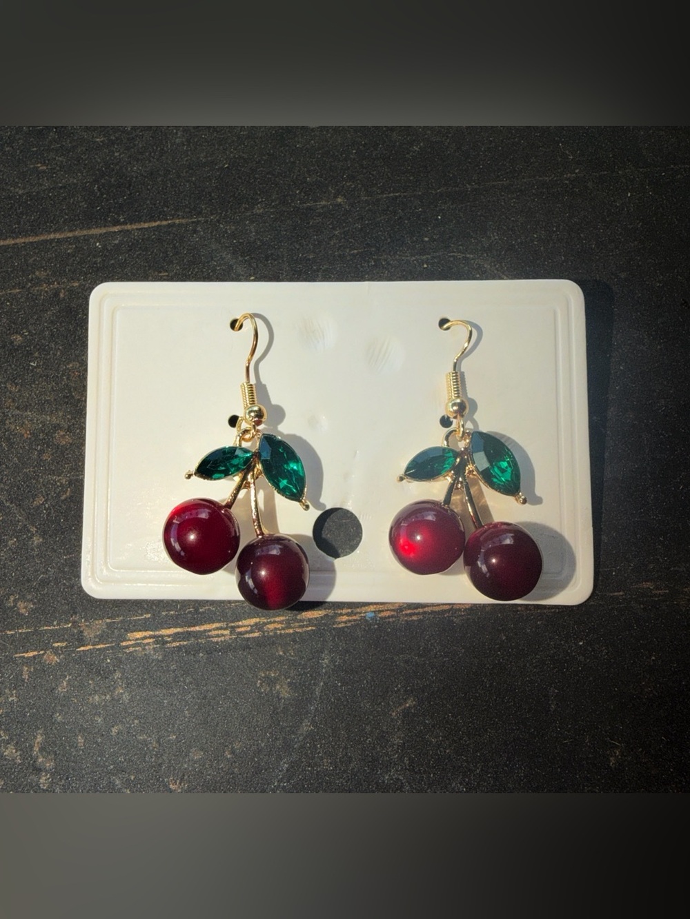 Gold Cherry Drop Earrings with Dark Red & Green Accents